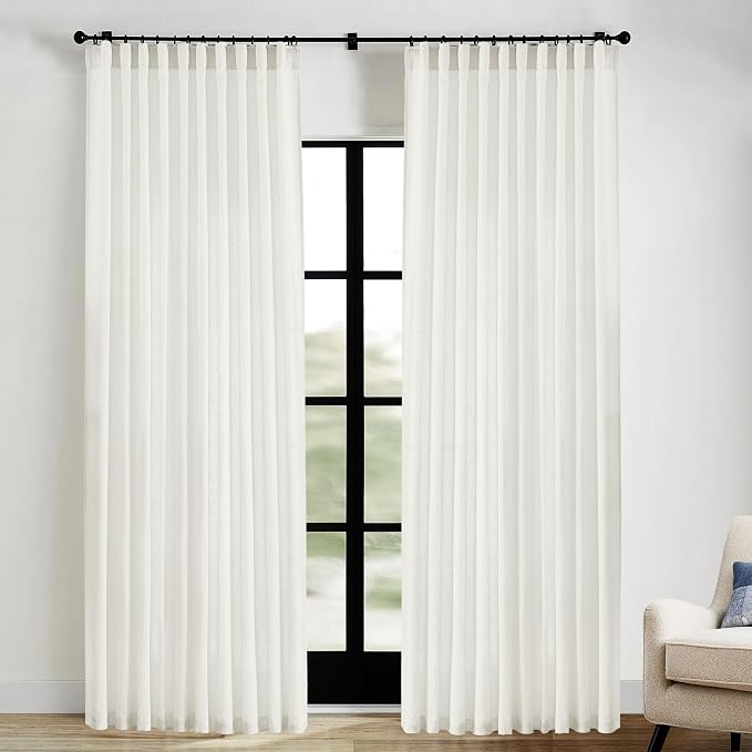 XTMYI Extra Wide Curtains 70 in Width for 72 Inch Window,Pleated Back Tab Linen Semi Sheer Full Length Curtains for Living Room Sliding Glass Door 2 Panel Set,72x90,70x90,6FT x 90 Inches Long,Cream