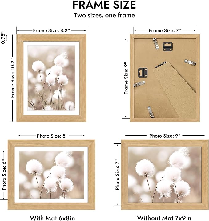 Hongkee 7x9 Oak Wood Picture Frame 1 Pack(Matted 6x8) with Real Glass Cover | Natural, 7 x 9 Solid Wood Frame for Wall or Tabletop Display - Includes Easel Back, Vertical Hang - Ideal for Home, Office