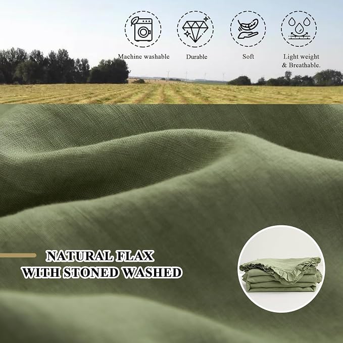 Simple&Opulence 100% Linen Duvet Cover Set, 3 PCS Natural French Flax Sage Green Ruffle Duvet Cover Queen Size, Breathable Comfy Linen Bedding Comforter Cover with 2 Pillowcases(Sage Green, 88" X 92")
