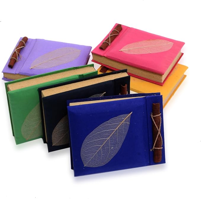 NOVICA Purple Pink Green Yellow Recycled Natural Fiber Notebooks With Rice Paper, 'Happy Leaf' (Set Of 6)