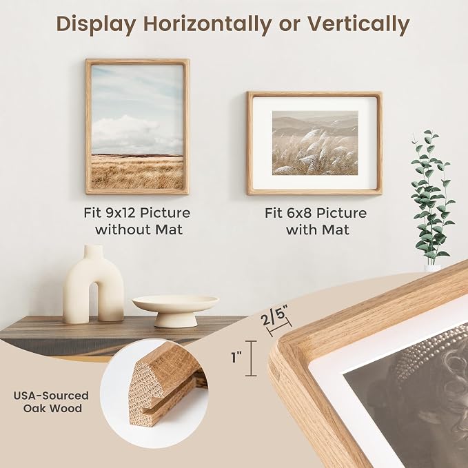 Fun Memories 9x12 Picture Frame, USA-Sourced Oak Wood Photo Frames with HD Tempered Glass, Handcrafted Rounded Corner 9 x 12 Wooden Frames Matted to 6x8 Photos, 9x12 Frame, Tabletop or Wall Display