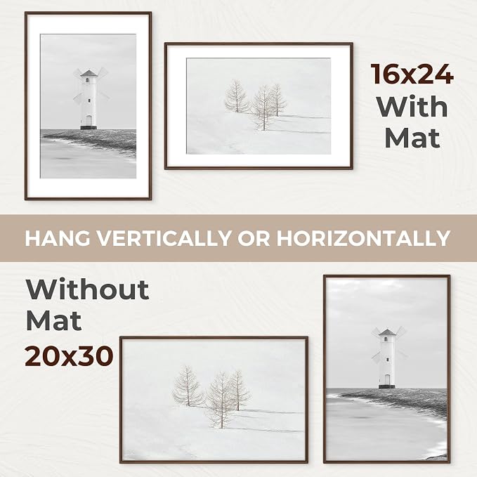 20x30 Picture Frame with Mat for 16x24, USA-Sourced Walnut Wood Handcrafted Rounded Corner with HD Tempered Glass, 20 x 30 Gallery Wall Frames for Posters & Art Prints, Vertically or Horizontally