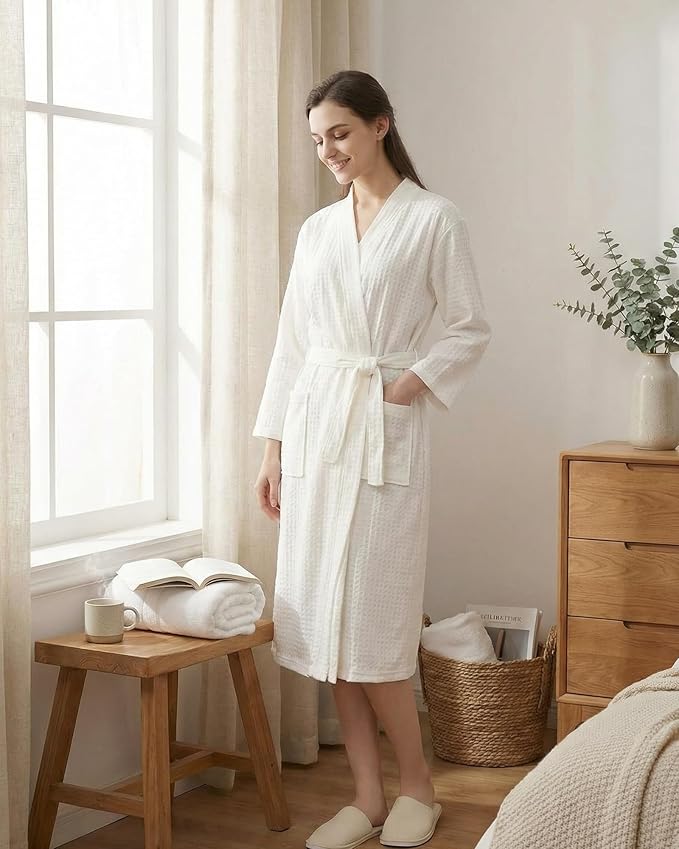 Jecery Waffle Bathrobe and Slippers Bulk Set Spa Robes Hotel Bath Lightweight Thin Commercial Soft for House Shower Party