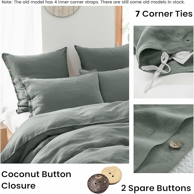 Simple&Opulence 100% Linen Duvet Cover Set 3pcs with Coconut Button Closure Natural French Washed Flax Solid Color Soft Breathable Farmhouse Bedding - Cushing Green, Queen Size