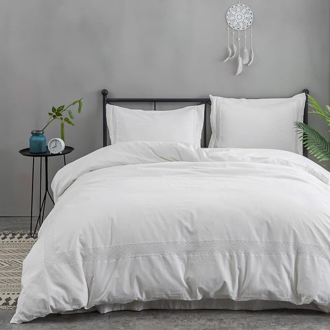 BISELINA Linen Duvet Cover Set 2pcs French Vintage Crocheted Lace Flax Cotton Blend Solid Color Shabby Chic Boho Luxury Farmhouse Bedding (Twin, Lace White)