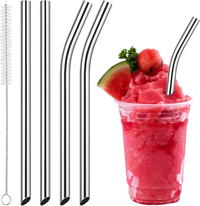 NiHome 4-Pack Stainless Steel Straws for Boba, Smoothie, 10.4” Metal Straws | 0.4'' Wide Metal Reusable Straws, 2 Bent & 2 Straight Long Drinking Straw for Bubble Tea, Milkshake Juice, 1 Brush, Silver