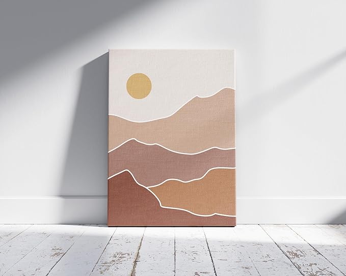 Abstract Mountain Landscape Wrapped Canvas Wall Art Sun Rolling Hills Earth Tones Terracotta 16x20 Inch Gallery Stretched Mid Century Modern Nature Home Art