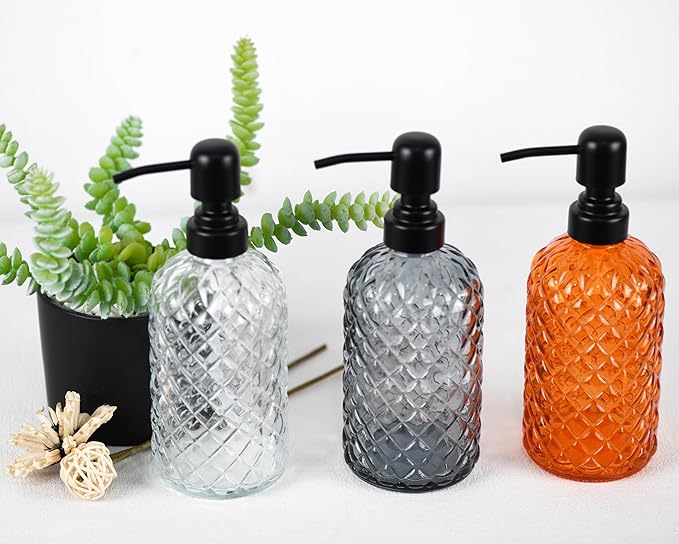 12Oz Glass Soap Dispenser with 304 Black Rustproof Stainless-Steel Pump, Refillable Glass Soap Dispenser for Kitchen, Bathroom, Farmhouse (Clear)