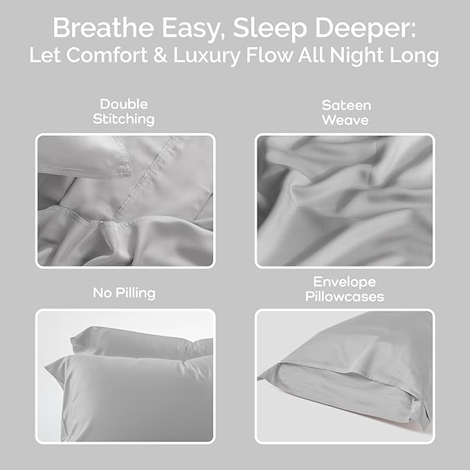 Pillow Cases Queen Size Set of 2 Pillowcases 100% Viscose from Bamboo Cooling Pillowcases, Soft & Breathable Pillow Case with Envelope Closure, Gray Pillow Cases (Gray Mist)
