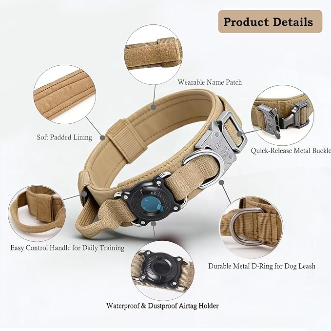 Upgraded AirTag Dog Collar,Waterproof Tactical Dog Collar with AirTag Holder, Control Handle and Metal Buckle,Heavy Duty Dog Collars for Large Dogs(Brown，XXL
