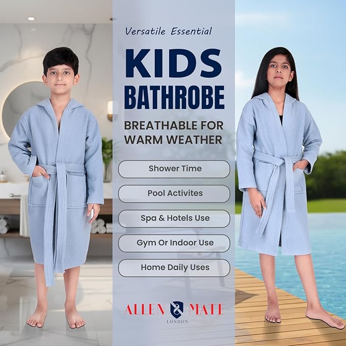 ALLEN & MATE 100% Cotton Waffle Terry Towel Hooded Kids Bathrobe – Soft Absorbent Medium Weight Swim Robe for Boys & Girls