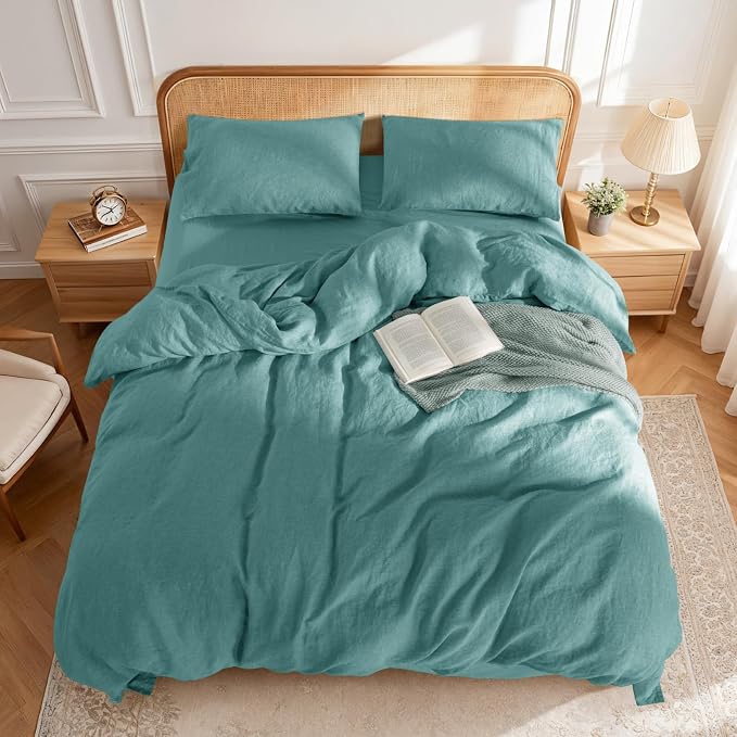LBRO2M 100% France Linen Duvet Cover Set 3 Pcs Including 1 Flax Comforter Cover with Zipper Closure, 2 Pillowcase, Cozy Duvet Cover California King, Aqua