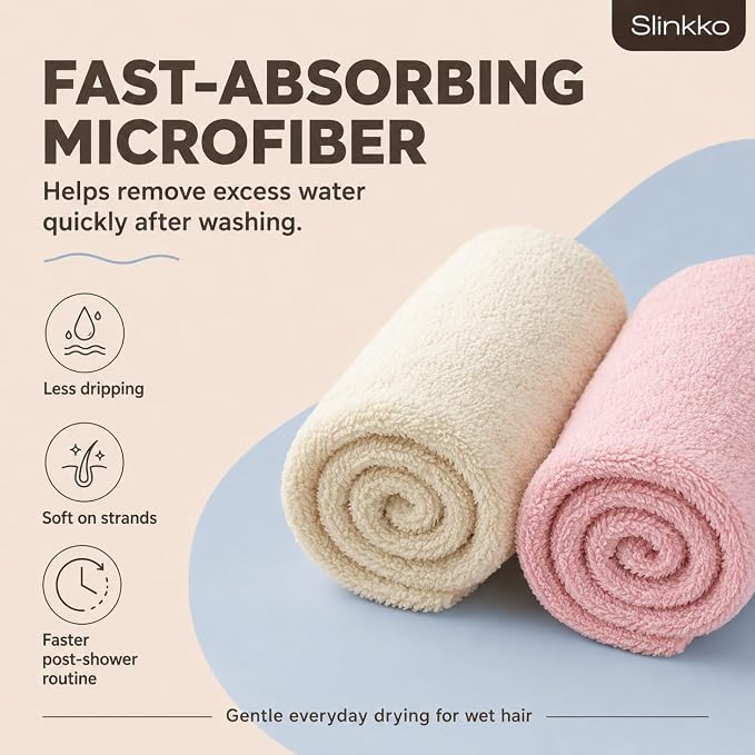 Microfiber Hair Towel Wrap for Women – Ultra Absorbent Quick Dry Turban | Button & Loop Design | Soft Lightweight Fabric | Reduces Frizz & Breakage | All Hair Types | Pink & Beige