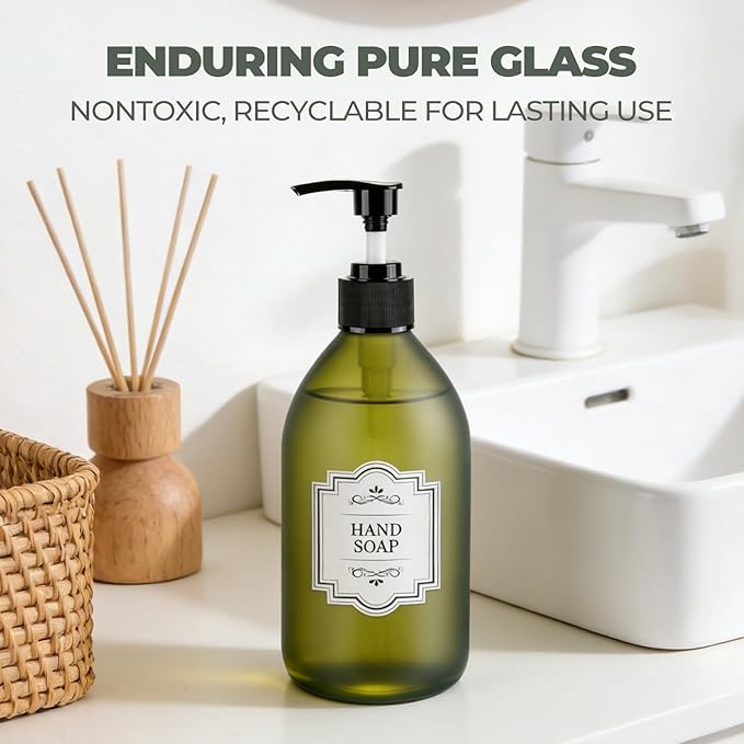 16 oz Frosted Green Glass Soap Dispenser with Pump, Glass Pump Bottle for Lotion Body Oil, 500ml Hand and Dish Soap Dispensers Set with Storage Caps, Labels - 2 Pack