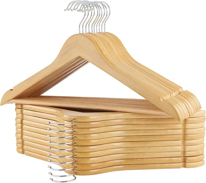 Wooden Hangers, 20 Pack Wood Hangers with Extra Smooth Finish, Precisely Cut Notches and Chrome Swivel Hook, Wooden Clothes Hangers for Shirt Suit Jacket Dress