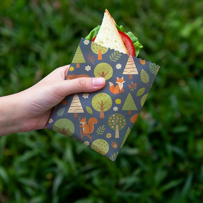 LENARKU Reusable Beeswax Wrap, 9 Pack Eco-Friendly Food Storage, Organic Cotton, Sustainable, Zero Waste, Plastic-Free, Sandwich & Snack Covers, 1XL, 3M, 5S, Forest Animals & Nature Pattern