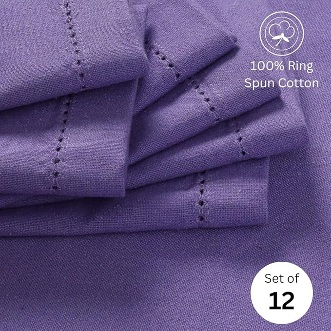 Hemstitch Dinner Napkins 100% Cotton Set of 12 - for Dining Weddings Parties Holidays Easter Everyday Use - Soft Durable Washable Table Napkins - 18x18 Inch Cloth Napkins Lavender