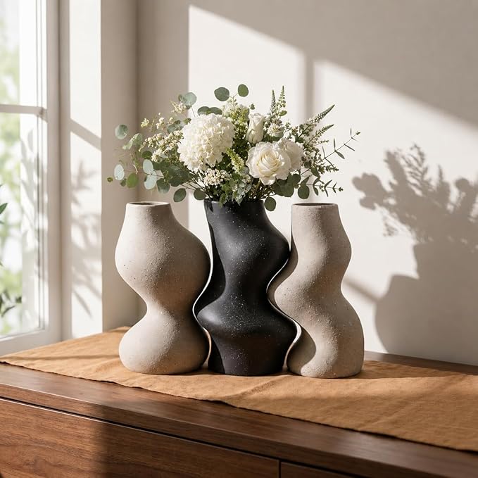BosilunLife Decorative Vase Set of 3, Nested Curved Recycled Ceramic, Speckled Wabi-Sabi Home Decor, Modern Boho Centerpiece for Living Room Mantel & Office (Black & Grey)