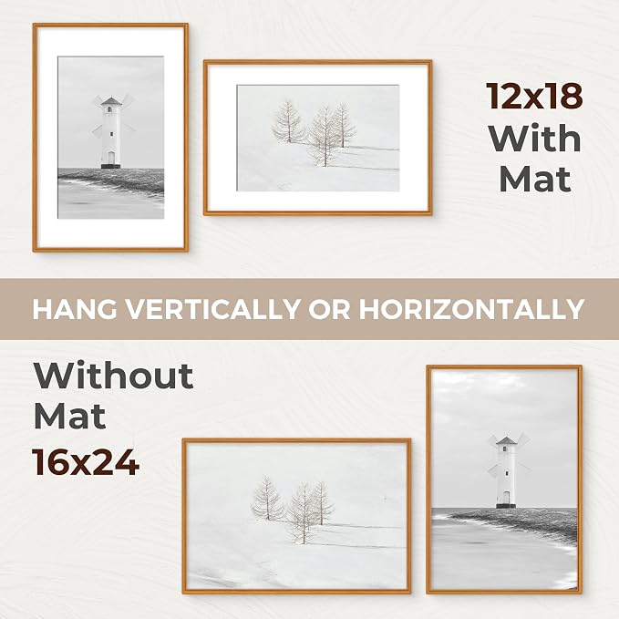 16x24 Picture Frame with Mat for 12x18, USA-Sourced Teak Wood Handcrafted Rounded Corner with HD Tempered Glass, 16 x 24 Gallery Wall Frames for Posters & Art Prints, Vertically or Horizontally