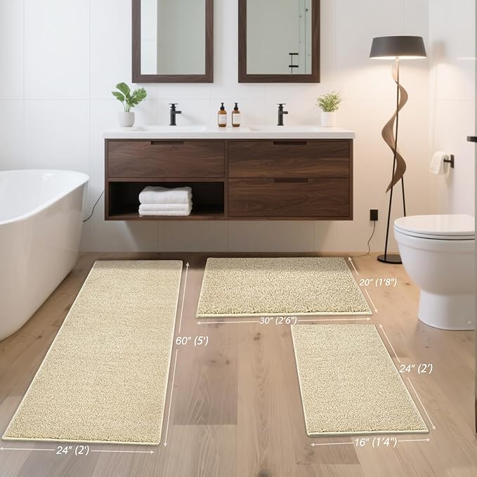 HDFK Bath Mat Non Slip 24x16 Inches Bathroom Rugs 2 Tone Plush Chenille Medium Pile with TPR Backing | Ultra Absorbent Solid Khaki | Shower Rug for Sink Front Tub Step Stain Concealing Decor