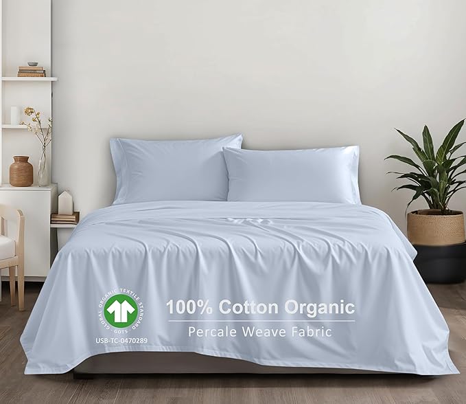 RUVANTI 100% Cotton Organic Percale Sheets Full Size – Crisp Cooling Bed Sheets for Hot Sleepers, Deep Pocket 15”, Soft Peach Finish, Breathable & Durable Hotel-Style 4 Pcs, Arctic Ice