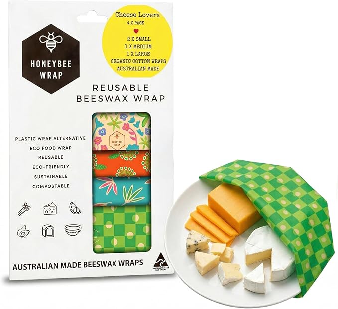 Honeybee Beeswax Wraps - Cheese Lovers Assorted Pack - Certified Organic Cotton Reusable Beeswax Wraps for Food - Plastic Wrap & Sandwich Bags Alternative - 4 Pack - Small, Medium & Large