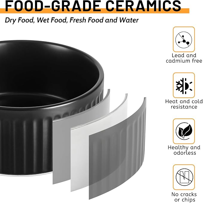 Non-Slip Ceramic Dog Bowls,8" Dog Food and Water Bowl Set with Silicone Base, 64oz/8cups Weighted Flip-Proof Pet Feeding Bowl for Medium and Large Dogs (Large,Black)