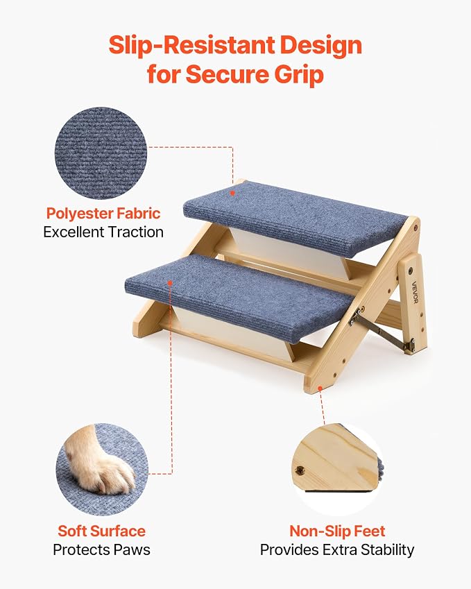 VEVOR Wood Pet Stairs, 2-Step Dog Stairs for Beds, Sofa & Cars, 110lbs Load Capacity, Floded Flat Design, Stable & Sturdy Cat & Dog Step Ladder for Small Medium Large Older Pet Puppy Essentials