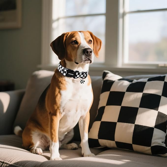 DOGWONG Checkered Dog Collar, Black Plaid Dog Collar Adjustable Soft Natural Fabric Pet Dog Collars Cute Puppy Necklace for Small Medium Large Dogs