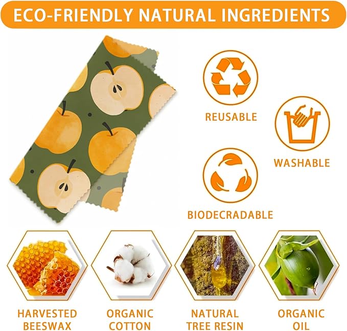 Reusable Beeswax Wraps, 9 Pack Sandwich, Snack, Food Preservation, Organic, Sustainable, Zero Waste, Plastic-Free Storage, 1XL, 3M, 5S, Orange Apple Lemon Fruit Patterns