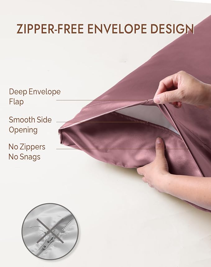SilkSilky 100% Mulberry Silk Pillowcase - Pure 22 Momme High-Grade 6A Fibers for Hair & Skin, Envelope Closure, Natural, Organic, Breathable & Cooling Pillow Case (Queen, Pale Mauve)