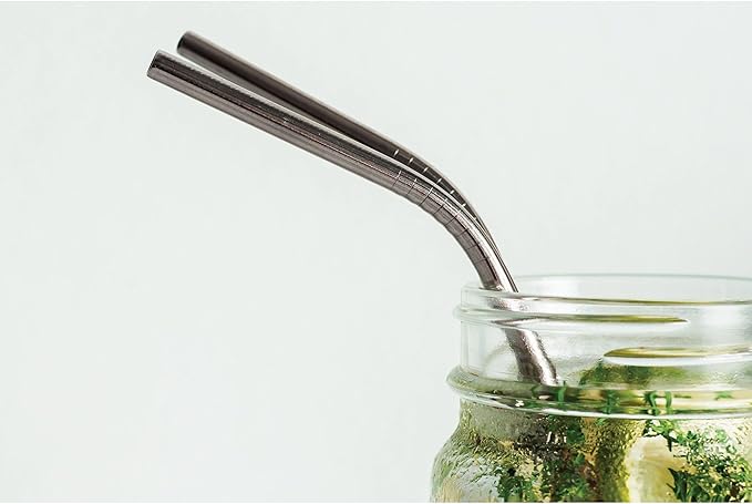 HIC Kitchen Reusable Drinking Straws, 18/8 Stainless Steel, Set of 4 Straws and 1 Cleaning Brush