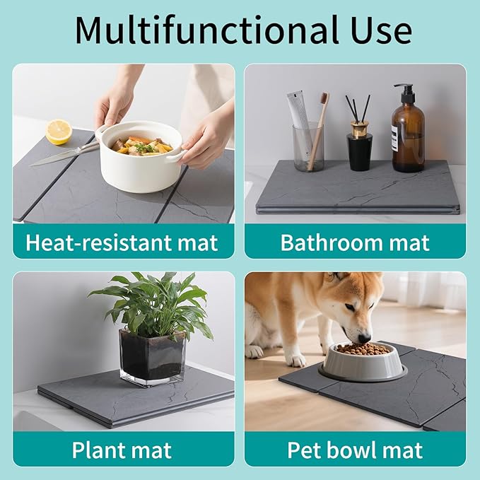 Stone Dish Drying Mat for Kitchen Counter, Quick Dry Dishes Pad,Foldable Water Absorbent Diatomaceous Earth for Bottles Cups Dishes Drying Mats,24" x 15" Non-Slip Pad for Bathroom