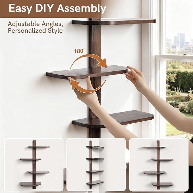 Afuly Mid Century Modern Decor Floating Shelves Walnut Display Shelf Wall Unit Solid Wood Decorative Shelving Home Decor Living Room Bedroom Coffee Bar Bathroom Plant Photo Set of 4