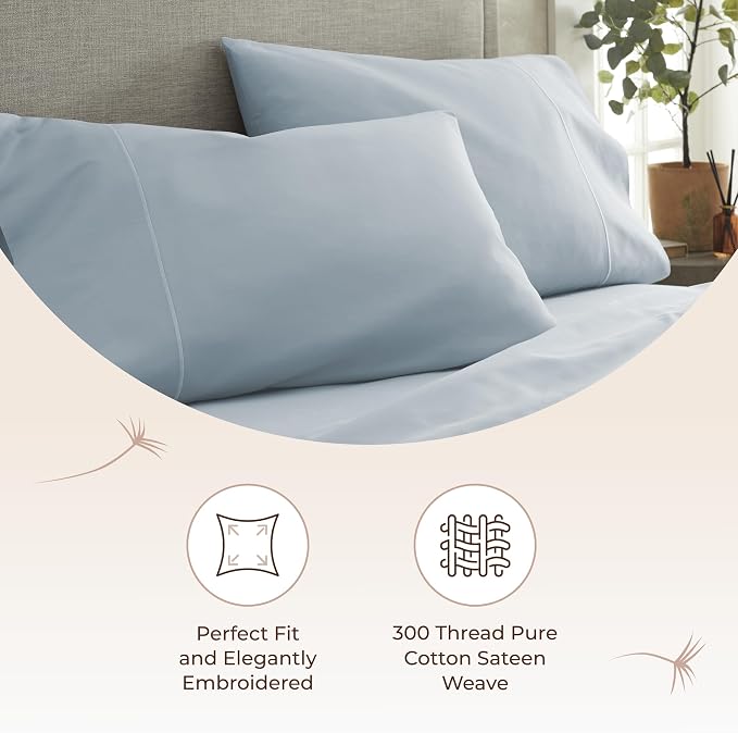 100% Organic Cotton Pillow Cases King Size Set of 2-100% Cotton Pillowcases GOTS Certified 300 Thread Count - Naturally Cooling Comfortable Breathable & Soft Pillow Cases (Powder Blue, King)
