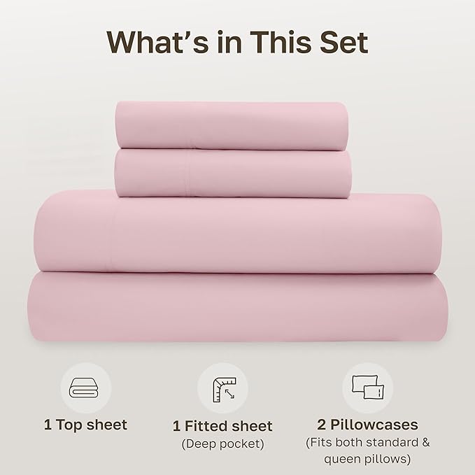 California Design Den Queen Sheet Set - Soft 100% Organic Bed Sheets with Deep Pockets, Crisp Percale, Breathable and Durable Bedding Set (Pink - Chalky Tone)