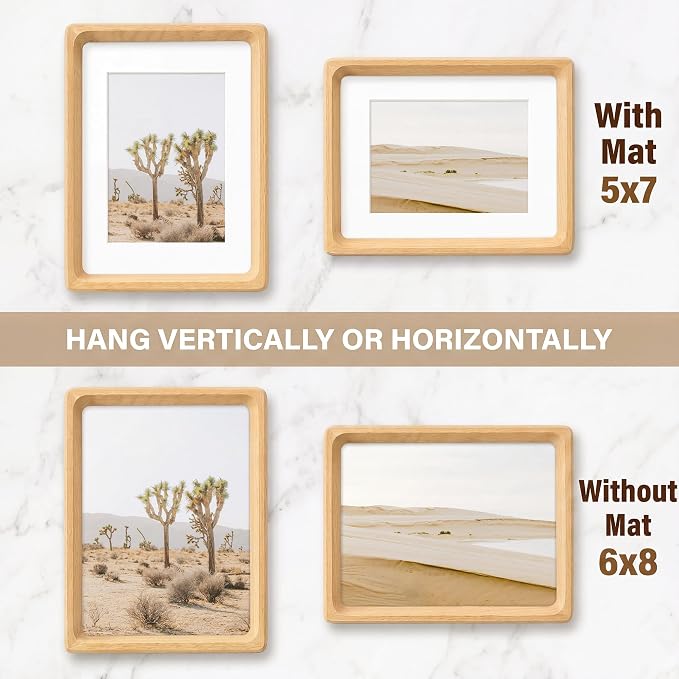 Fun Memories 6x8 Picture Frame, USA-Sourced Beech Wood Photo Frames with HD Tempered Glass, Handcrafted Rounded Corner 6 x 8 Wooden Frames Matted to 5x7 Photos, 6x8 Frame, Tabletop or Wall Display
