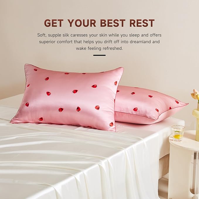 THXSILK Set of 2 Natural Mulberry Silk Pillowcase for Hair and Skin with Hidden Zipper, Grade 6A+ Silk Pillow Case, Organic Silk Pillowcase Standard Size 20x26 inches, Pink Strawberry