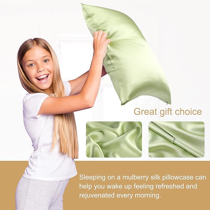 uxcell 1 Pack 100% Charmeuse Pure Silk Pillowcase for Hair and Skin, 350TC 19 Momme Soft Breathable Pillow Case with Hidden Zipper, Fruit Green Silk Pillowcase Travel (14x20inch)