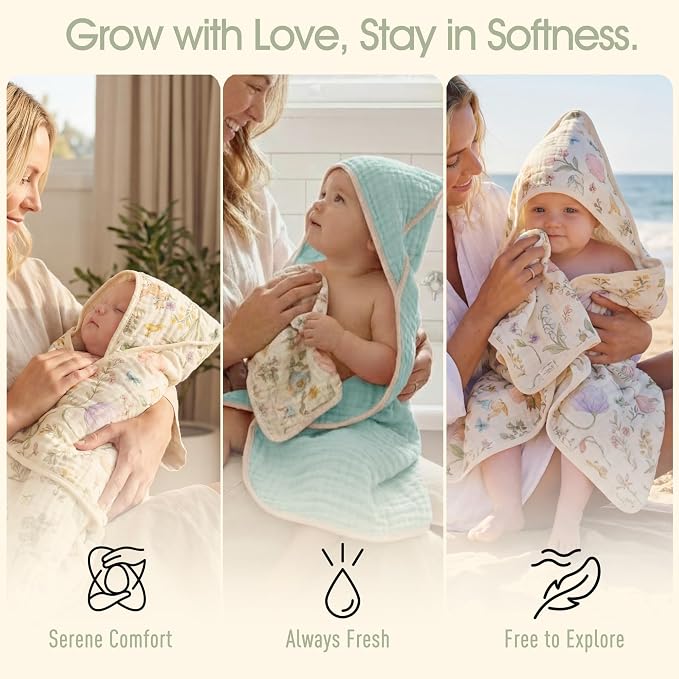 4-Piece Muslin Baby Towel Set - Made with Organic Cotton, (2) 6-Layer 32x32 Towels & (2) Washcloths, Bath, Beach & Pool Gift Set (Woodland Garden & Green)