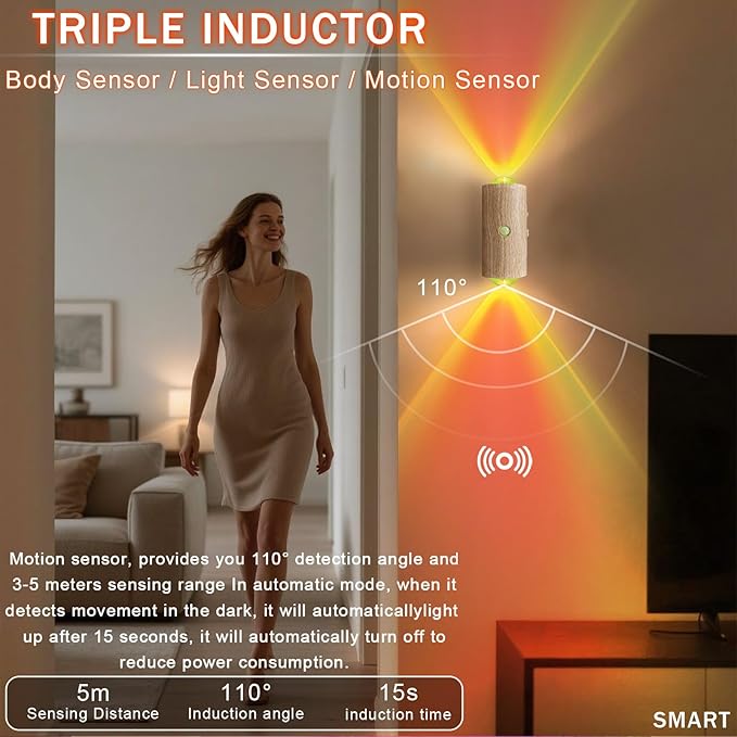 LED Wireless Wall Sconce with 7 Colors Changing, Motion Sensor Light Indoor, 1500mAh Rechargeable Battery Operated Wall Sconces for Bedroom Bedside Hallway Courtyard Doorway (Wood-Colored)
