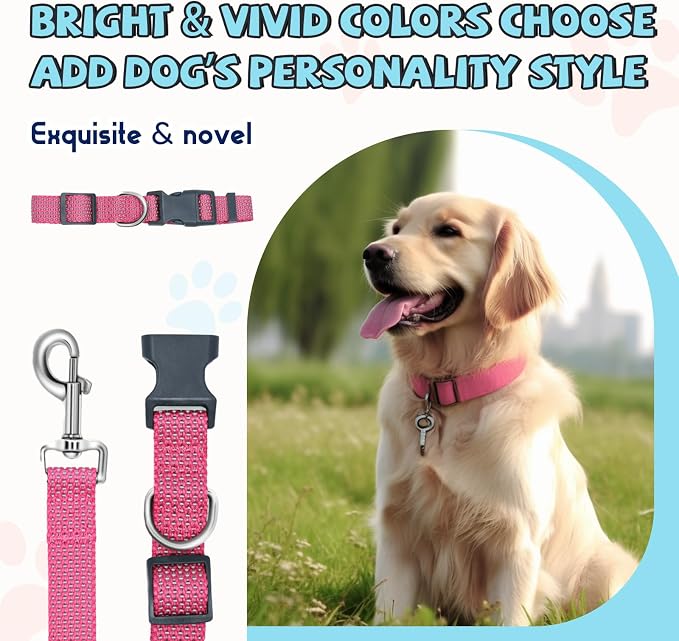 Reflective Dog Collar and Leash Set, Nylon Dog Leash with Heavy-Duty Steel D-Ring, Adjustable with Quick Release Buckle for Small Dogs, Pink S