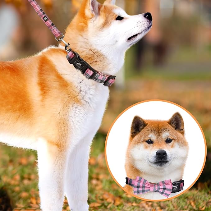 IVY&LANE Dog Collar with Bowtie and Leash Set | Plaid Adjustable Dog Collar | Detachable Bow Tie |5 FT Dog Leash | for Small Medium Large Dogs | Checkered Pink | X-Small