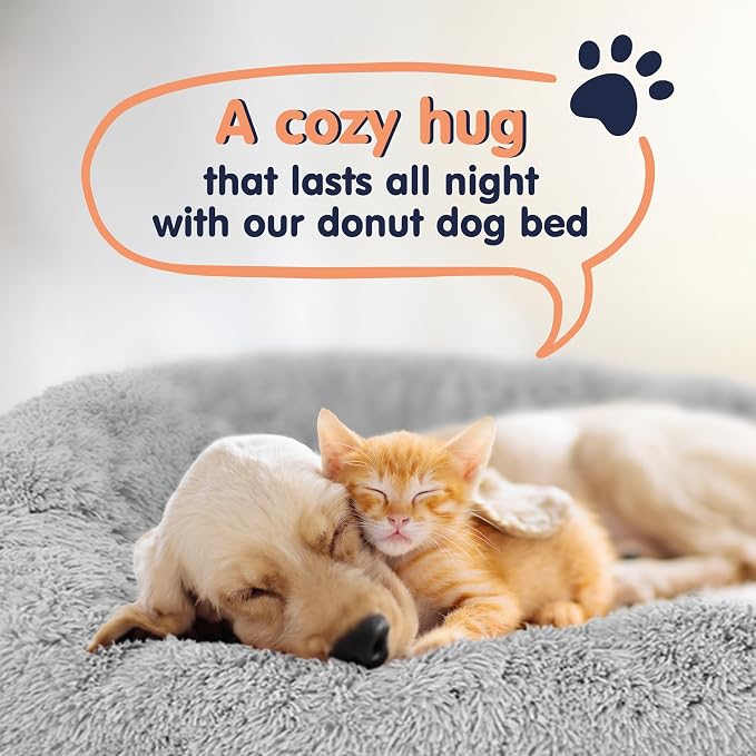 Donut Dog Bed - Premium Comfort for Anxiety Relief - Fluffy & Calming Design with Ultra-Plush Support | Cozy Round Dog Bed with Super Soft Circle Style (Grey, Small)