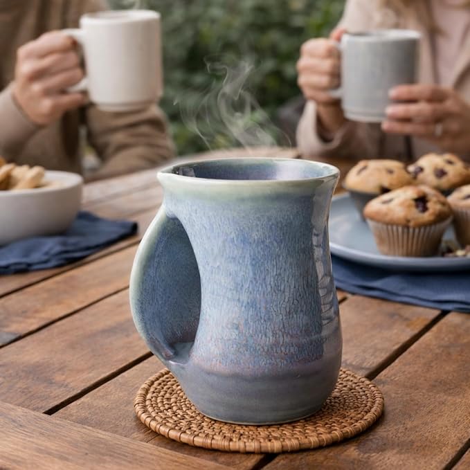 Hand Warmer Mug, Ceramic and Hand Painted - Contoured Pocket will Hold Warmth From The Heat Of Your Drink - Keep Your Fingers Warm, Comfy Handwarmer Gift, Winter Stocking Stuffer Gifts - Left Handed
