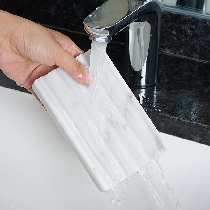 Soap Holder, Marble Soap Dish for Shower, Bar Soap Holder with Water Ripple Design, Easy Cleaning Soap Saver for Kitchen Sink，Bathroom, Executive Italian Natural Stone Soap Tray(Bianco Carrara)