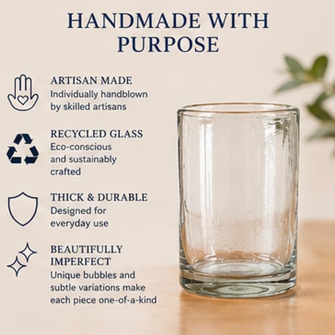 Aztecas Design Handblown Recycled Glass Drinking Glasses, Clear, Set of 4, Classic Style (12oz)
