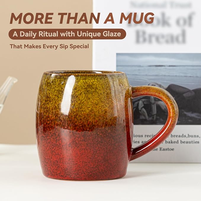 Handmade 22oz Ceramic Coffee Mug, Ergonomic Large Handle, Ideal Gift for Coffee Lovers, Microwave & Dishwasher Safe (Minute-Yellow&Red)