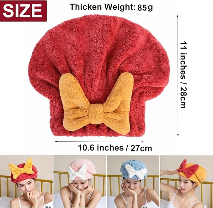 Microfiber Hair Drying Caps for Women Red | Ultra Absorbent Hair Towels Wrap Turban,Microfiber Bath Towels Bow Shower Cap for Wet Hair,Great Hair Products Gift for Girls