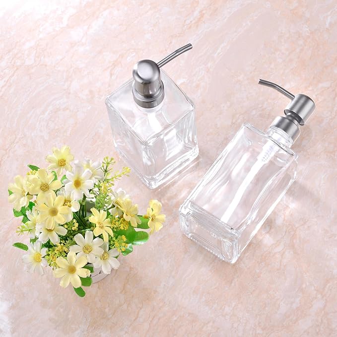 Glass Soap Dispenser Set, Brushed Nickel Stainless Steel Pump & Clear Square Glass Soap Dispenser Bottle, 2 X 13.5oz Refillable Liquid Hand Soap Jar for Kitchen & Bathroom